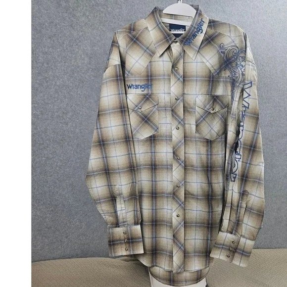 Wrangler Mens Plaid Western Pearl Snap Shirt Embroidered Rodeo Tan Blue L