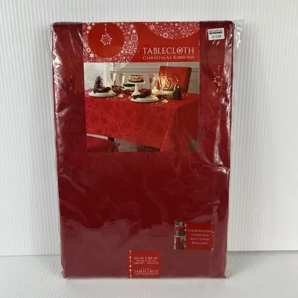Tablecloth Christmas Ribbons 60 x 84 Oblong Damask Ruby Red Town & Country NEW