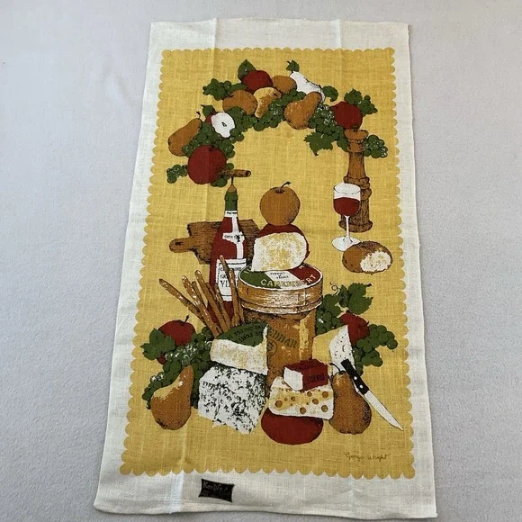 Kay Dee Handprints Linen Kitchen Towel Cheese Bread Fruit Wine Vintage‎ NEW