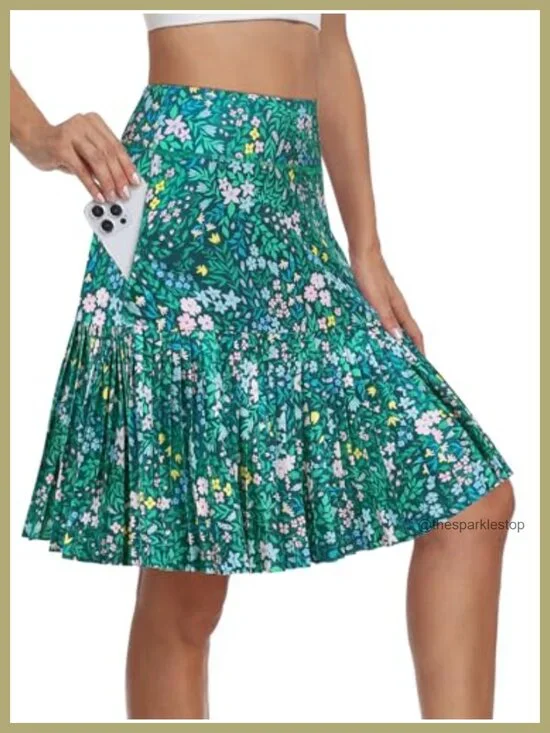 Pleated Golf Skort with Pockets, Built-in Shorts, Knee Length Athletic Skirt
