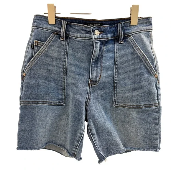 Judy Blue High Waist Back Flap Pockets Denim Shorts Women Size M Raw Hem Stretch