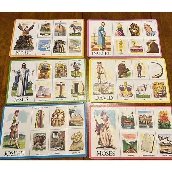 Vintage Biblical Bingo Cards 6 Pieces Cardboard Beautiful Colors Jesus 12”x7.5”