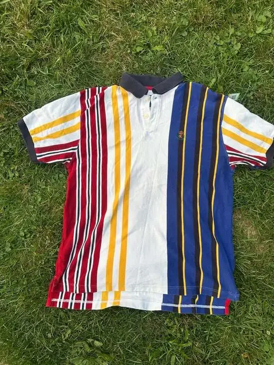 Vintage Chaps Ralph Lauren Men's Multi-Color Vertical Striped Short Sleeve Polo
