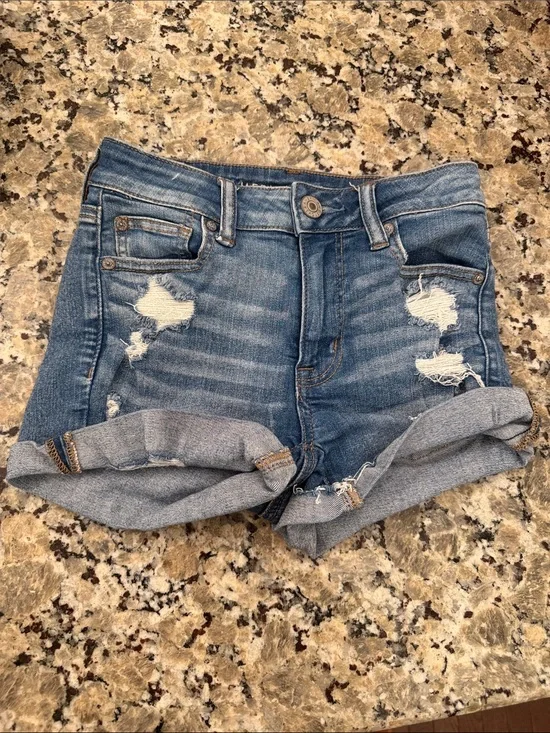 American Eagle Outfitters Light Blue Distressed Rolled-Hem Jean Shorts