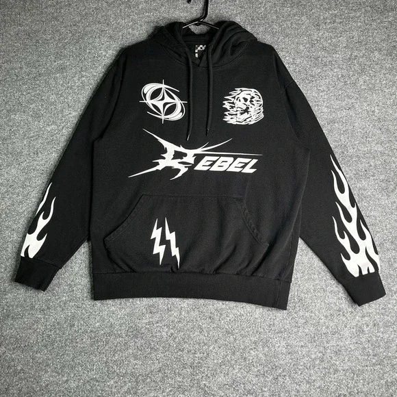 Rebel Vengeance Hoodie‎ XL Black Skull Flames Lightning Y2K Grunge Skate Hiphop
