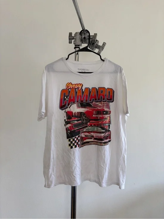 Chemistry White Tee with Red Chevy Camaro Graphic