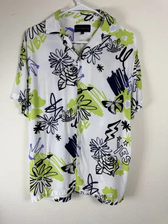 No boundaries, Men’s Hawaiian short sleeve button down shirt Whi/Grn/Blk - S