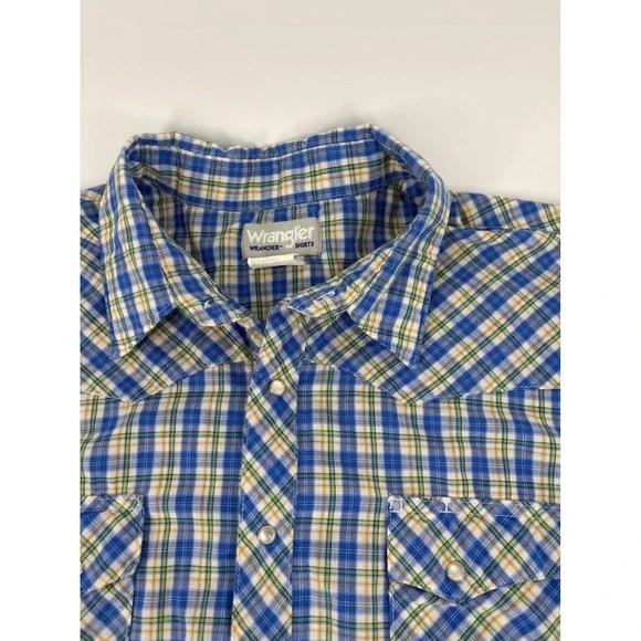 Wrangler Wrancher Mens 2XL Tall Western Shirt‎ Blue Green Plaid Pearl Snap
