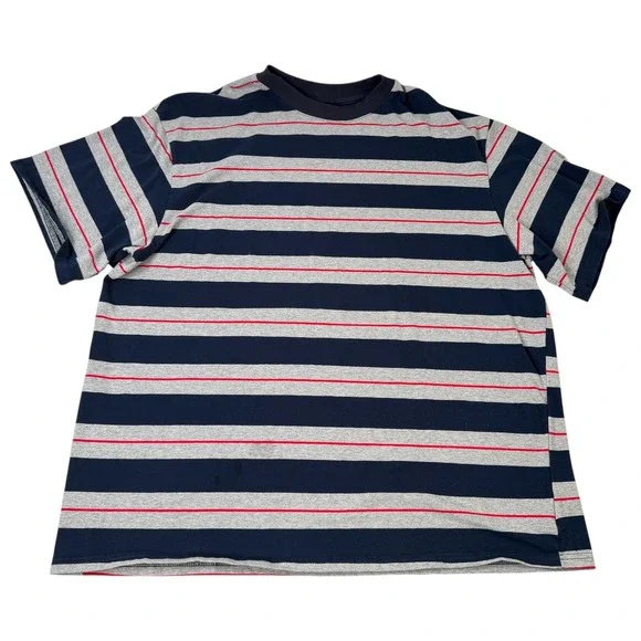 MONE Seoul Mens Striped T-Shirt Navy Blue‎ Gray Red Short Sleeve Crew Neck 2XL
