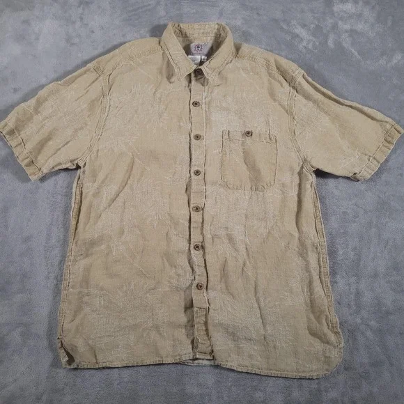 The Territory Ahead Shirt Mens XL Tan Linen Short‎ Sleeve Button Up Palm Print