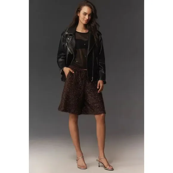 Anthropologie Maeve Tinsel High-Rise Long Shorts SZ XS NWT Brown Metallic Party