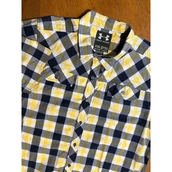 Under‎ Armour Shirt Men XXL Plaid Yellow Navy Short Sleeve Cotton