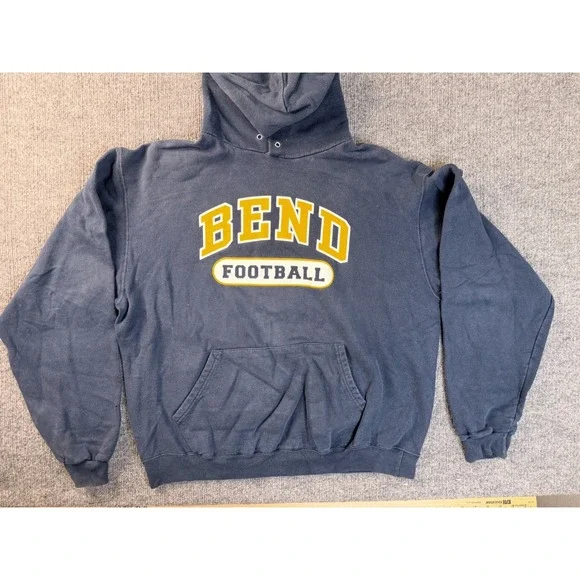 Champion Mens Large Navy Blue Bend Football Graphic Hoodie Sweatshirt Faded Y2K