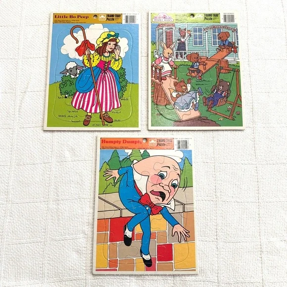 VTG 80s Golden Frame Tray Puzzles Lot 3 Maple Town Humpty Dumpty Bo Peep Nursery