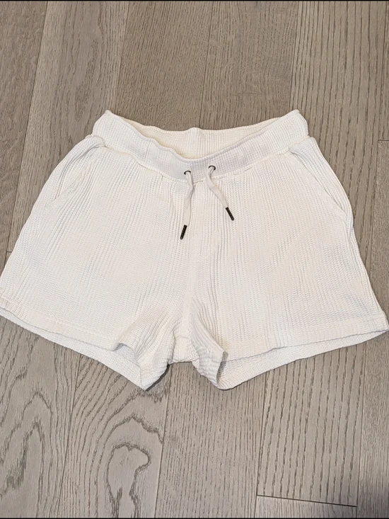 Cream Waffle-Knit Drawstring Athletic Shorts for Women