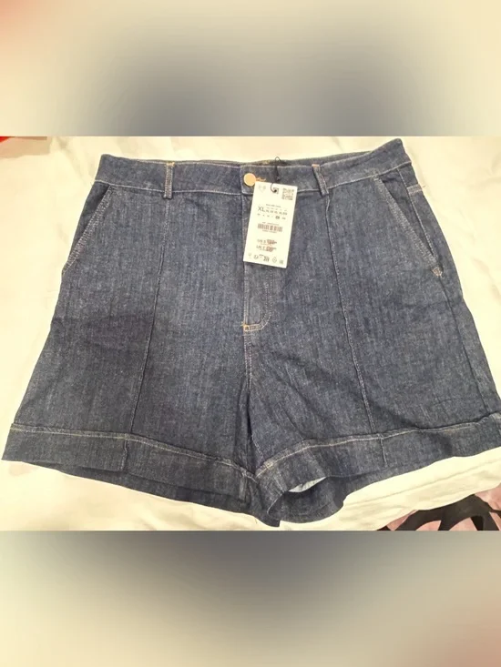 Zara Dark Blue High-Rise Denim Shorts
