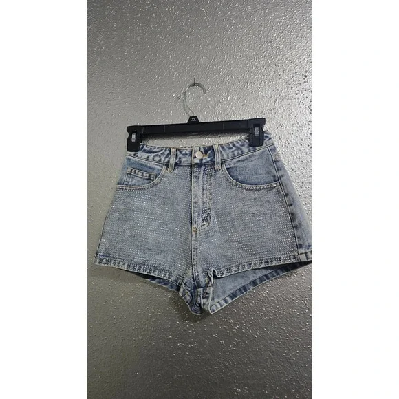 Altar'd State Rhinestone Denim Shorts Light Wash High Rise XS Sparkle Festival