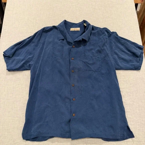 Tommy Bahama Mens XL Blue 100% Silk Palm Jacquard Short Sleeve Camp Shirt