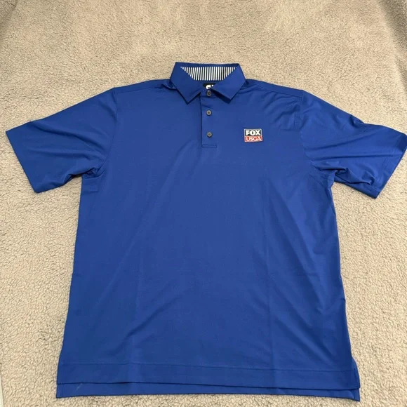 Footjoy Polo Shirt Men Large Blue Golf Performance Moisture Wicking‎ FJ Fox USGA