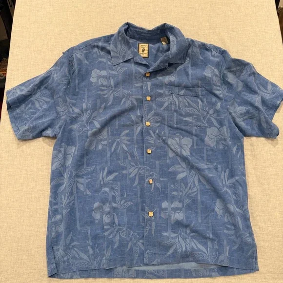 Jamaica Jaxx Mens XL Blue 100% Silk Jacquard Tropical Floral Camp Aloha Shirt