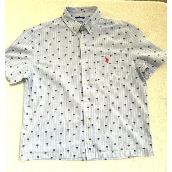 U.S. Polo Assn. Men's Polo Shirt Medium Blue White Stripes Palm‎ Trees