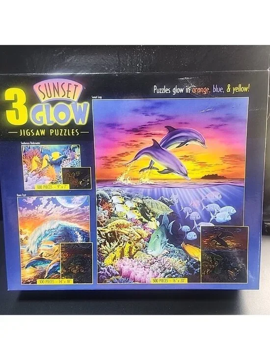 2004 Sunset Glow 3 in 1 Jigsaw Puzzle Art New Sealed Sunset Leap Seahorse Dolphi