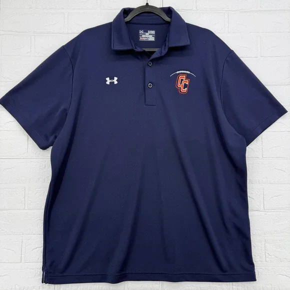 Under Armour Polo Shirt Mens XL Navy Blue HeatGear Loose Fit Football Graphic