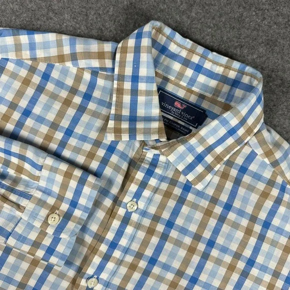 Vineyard Vines Mens Large Classic‎ Fit Cooper Shirt Blue Brown Plaid Preppy