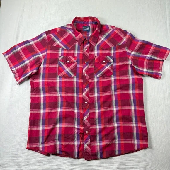 Wrangler Pearl Snap Shirt Mens 3XT Red Purple Plaid Short Sleeve Tall Western‎