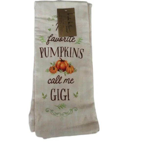 NWT Nicole Miller Gigi Organic Cotton Kitchen Towels Pack 2 Pimpkins Off-white