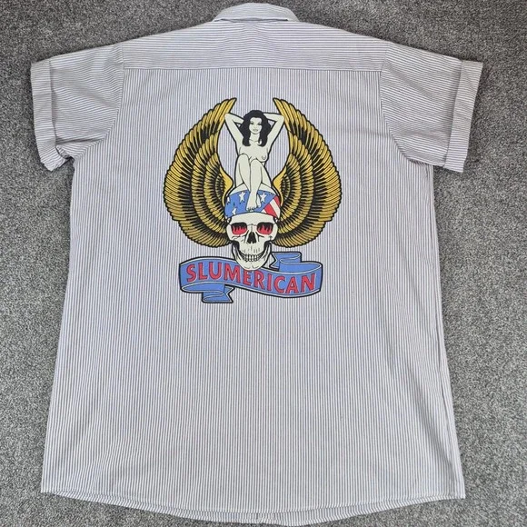 Yelawolf Slumerican Shirt‎ Mens 2X Skull Pinup Mechanic Pinstripe Button Up