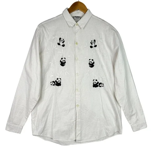 Vintage Panda Bamboo Embroidered Button Down Shirt White Mini Polka Dots Mens‎ M