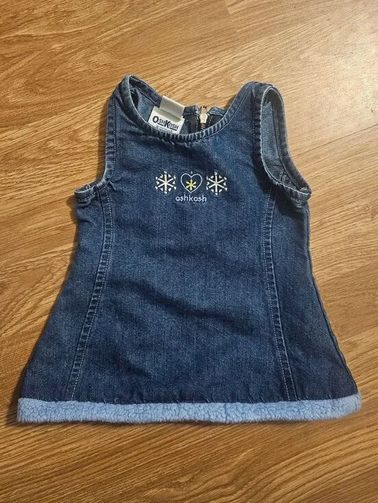 Y2K Vintage OshKosh Baby Denim Sleeveless Dress with Light Blue Trim