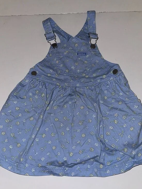 Vintage OshKosh Light Blue Daisy Print Skirtall Jumper Overalls Dress 6/9 mo