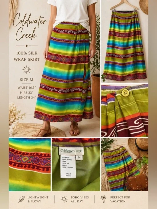 Coldwater Creek 100% Silk Wrap Skirt Boho Striped Midi Maxi Colorful Size M