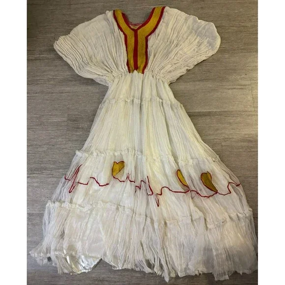 Ethiopian Traditional Dress Handmade Habesha Kemis Embroidered Red Gold Dress