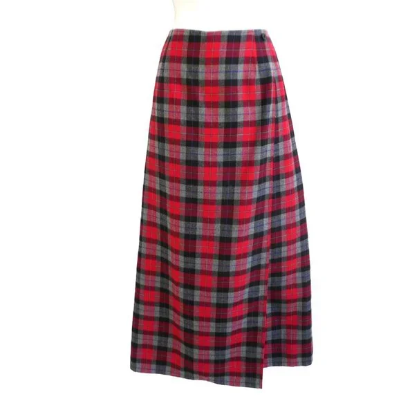Crazy Horse Liz Claiborne Red Plaid Maxi Skirt Lined Faux Wrap Back Zip 12