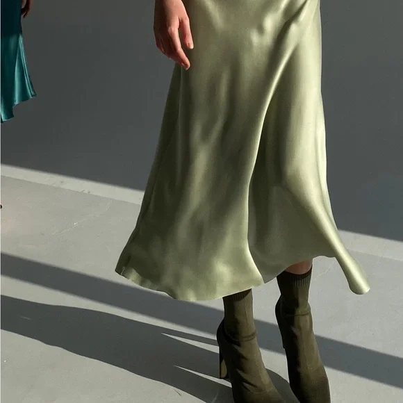 OAK + FORT Light Olive Satin Midi Slip Skirt