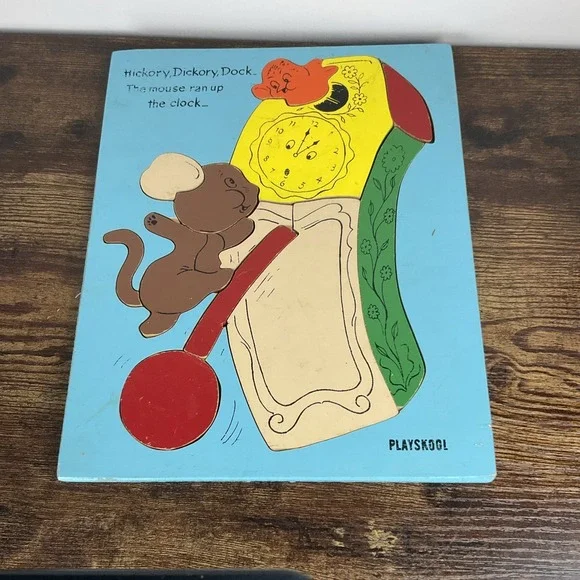 Vintage Playskool Hickory‎ Dickory Dock Nursery Rhyme Wooden Puzzle Tray 6 44B