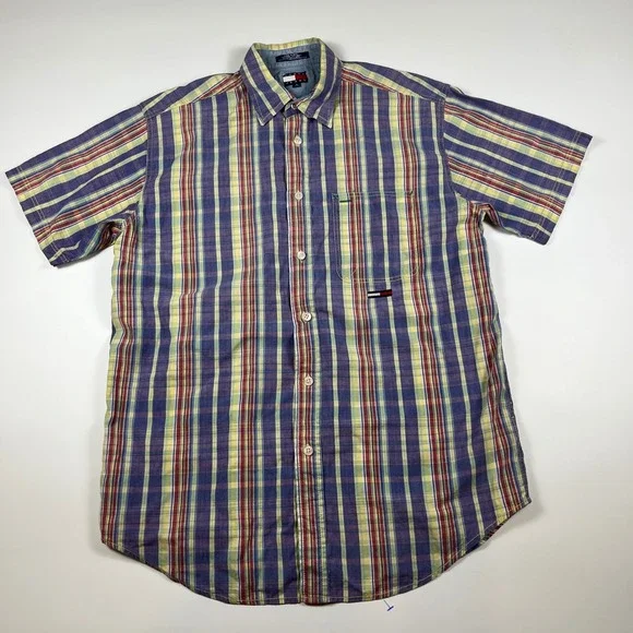 VTG Tommy Jeans Mens M Plaid Short Sleeve Button Down Shirt Multi-Color Cotton