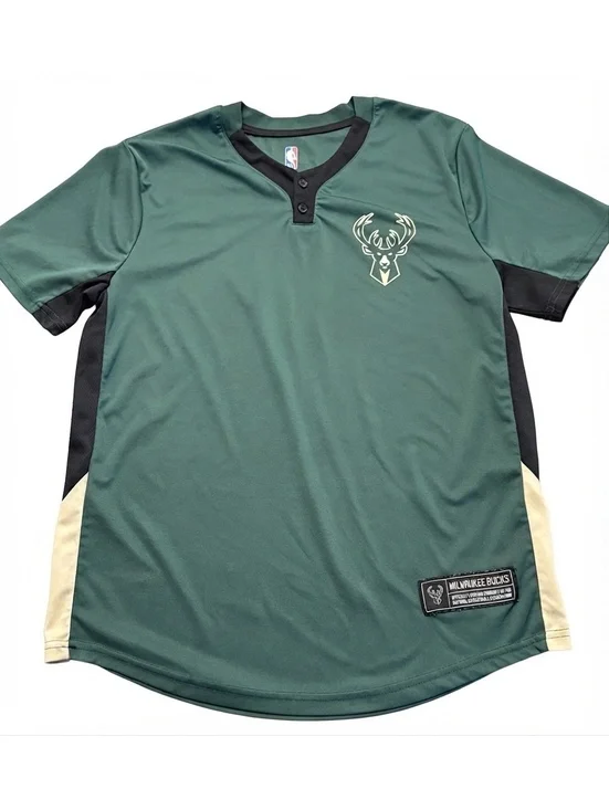 Official NBA Milwaukee Bucks Henley T-Shirt Men's Size Medium Green Short Sleeve
