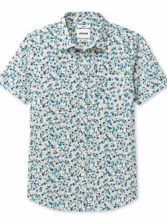prAna Men’s Short-Sleeve Floral Shirt - Blue/White, L, EXCELLENT CONDITION
