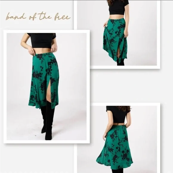Band of Gypsies Green Floral Midi Skirt with Side Slit