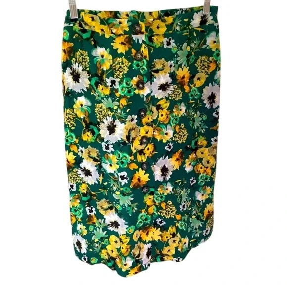 American Eagle Women Button Front‎ Floral Midi Skirt Large Green High Waist