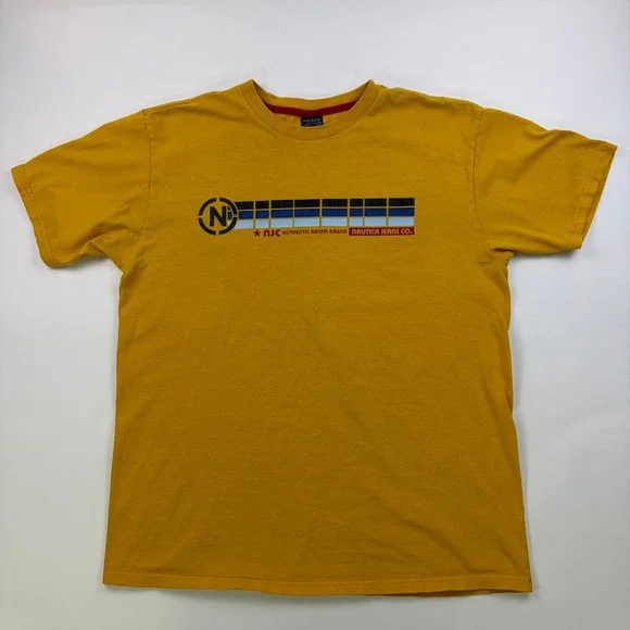 90s Nautica Jeans Co Graphic T-Shirt Mens Medium Yellow NJC Cotton Tee
