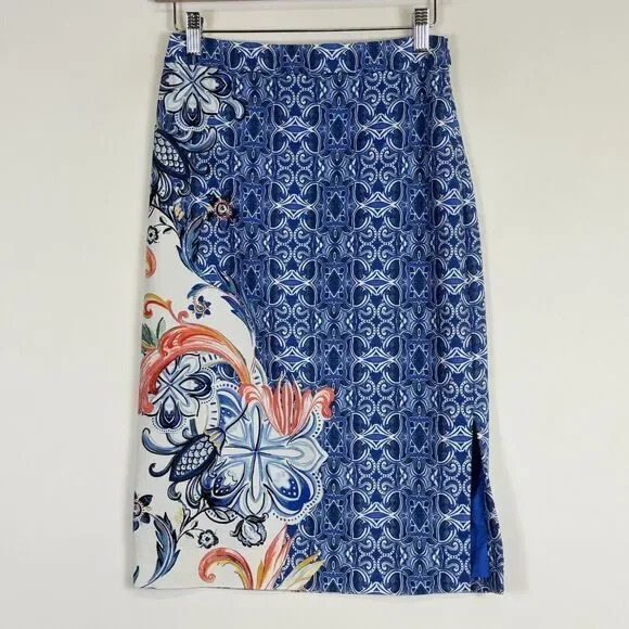 Moulinette Soeurs Pencil‎ Skirt Womens 2 Blue Floral Art Deco Boho Mediterranean