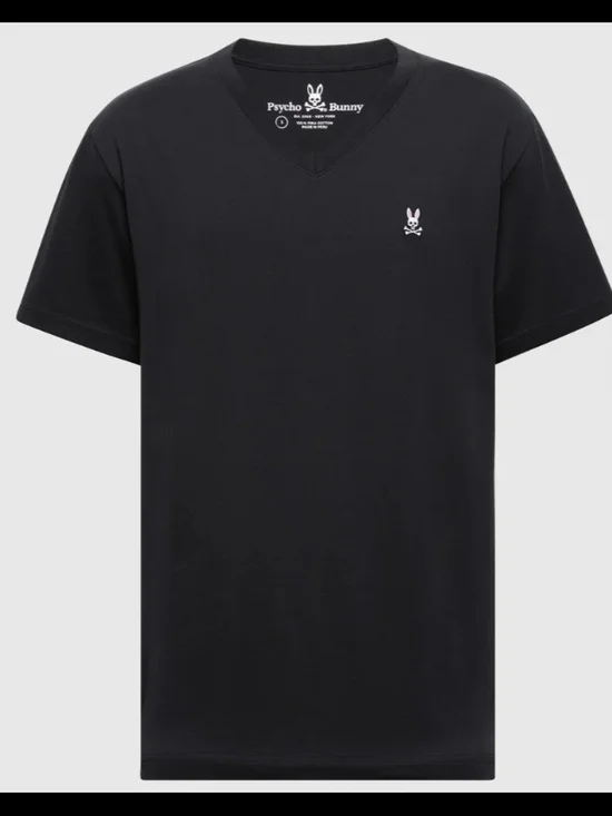 Psycho Bunny Black V-Neck Tee with Pink Logo