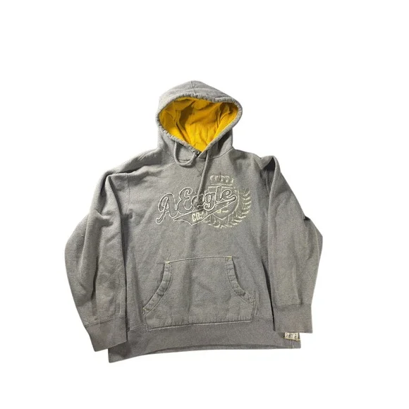 American Eagle Outfitters Mens Gray Varsity Logo Hoodie Yellow Lined Hood L
