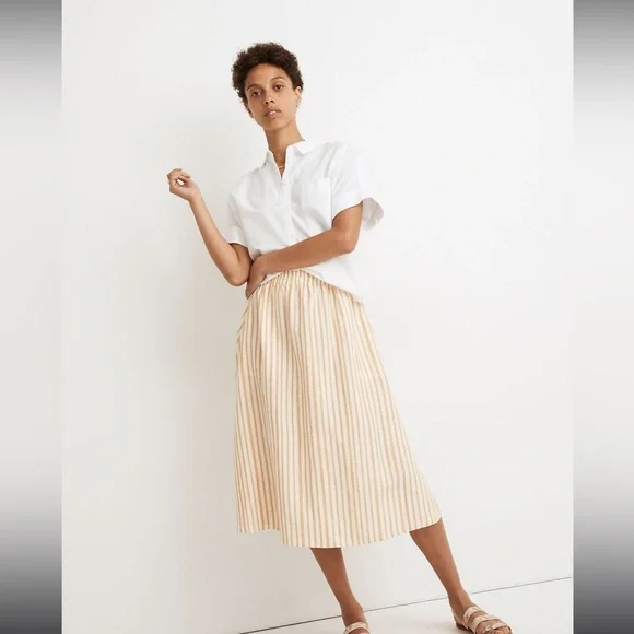 MADEWELL Smocked-Waist Midi Skirt in Stripe‎