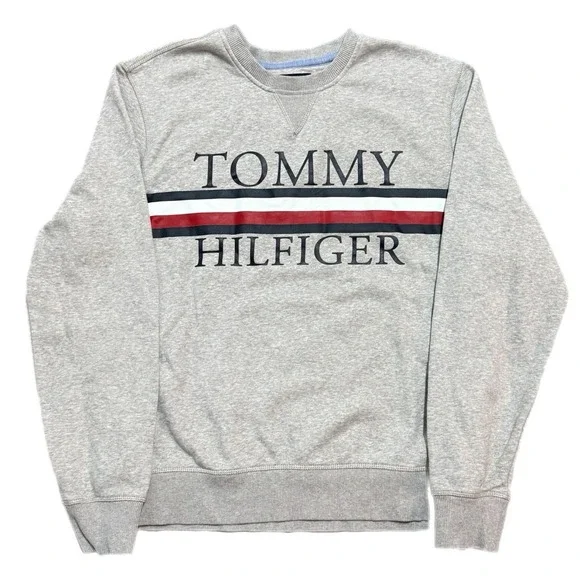 Men's Tommy Hilfiger Spellout Preppy Gray‎ Cotton Pullover Sweatshirt Size Large